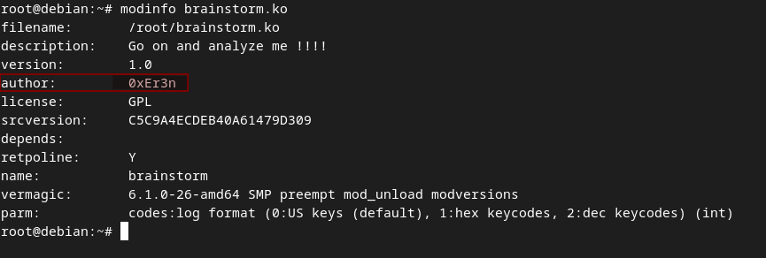modinfo output showing the module author