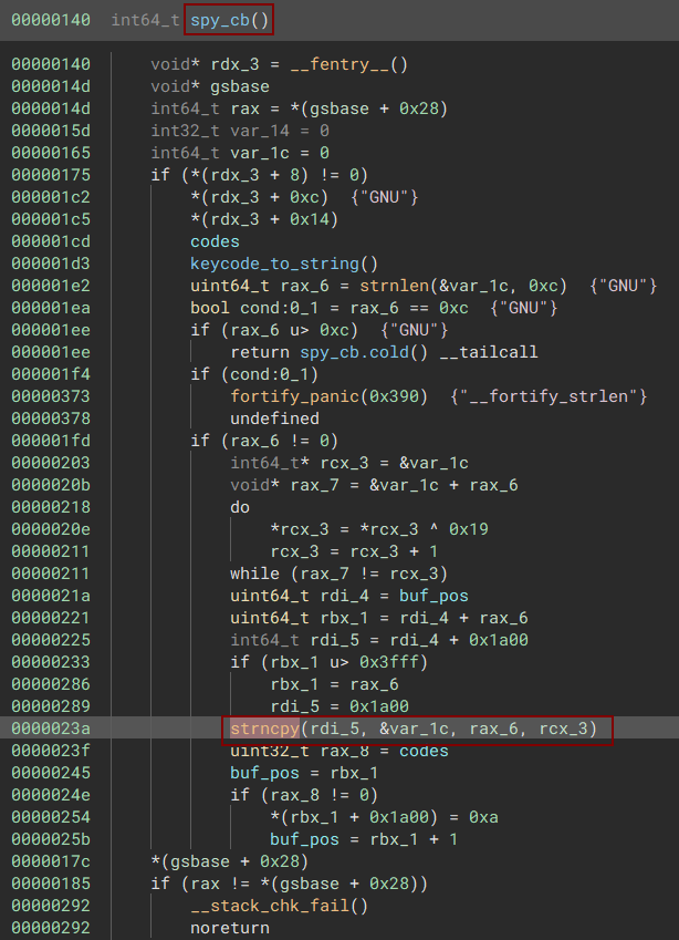 spy_cb function storing keystrokes via strncpy