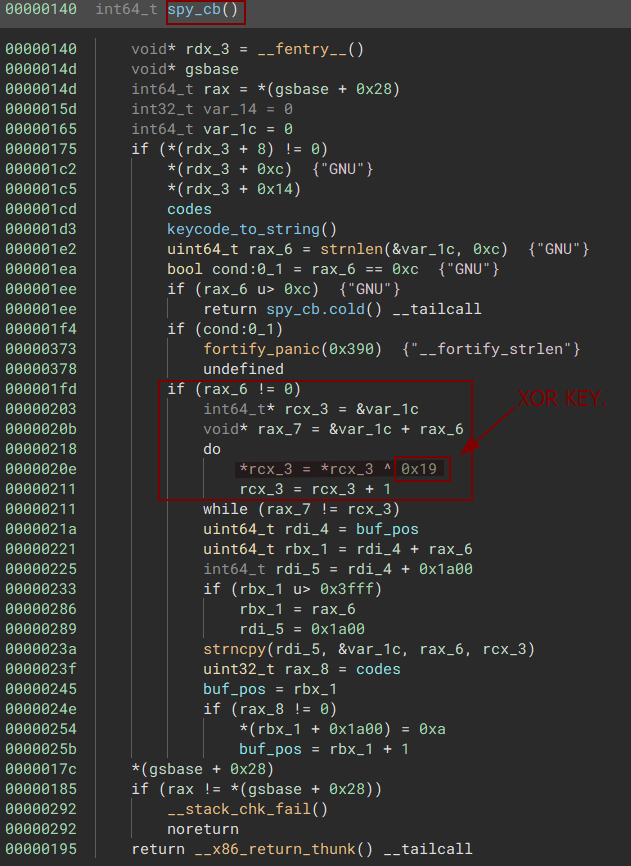 XOR loop in spy_cb that obfuscates each character with 0x19
