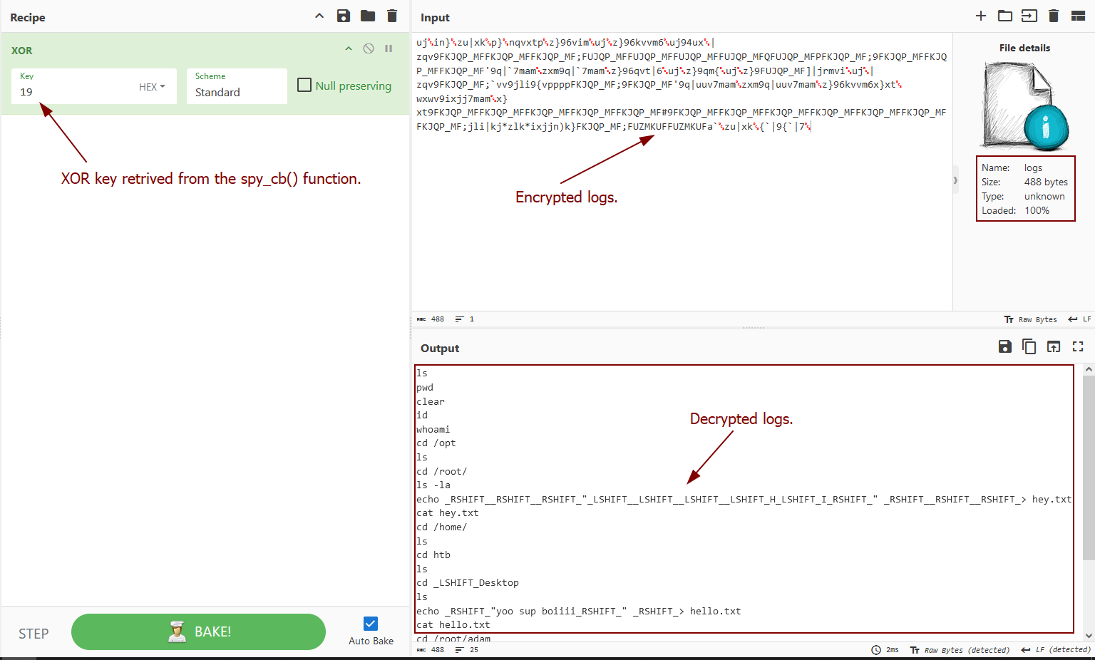 CyberChef XOR recipe used to decode the log file