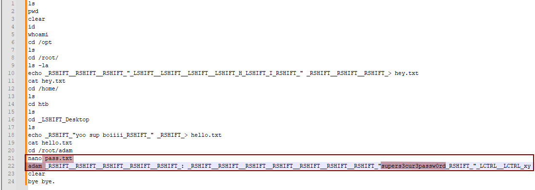 Decoded log showing Adam's password
